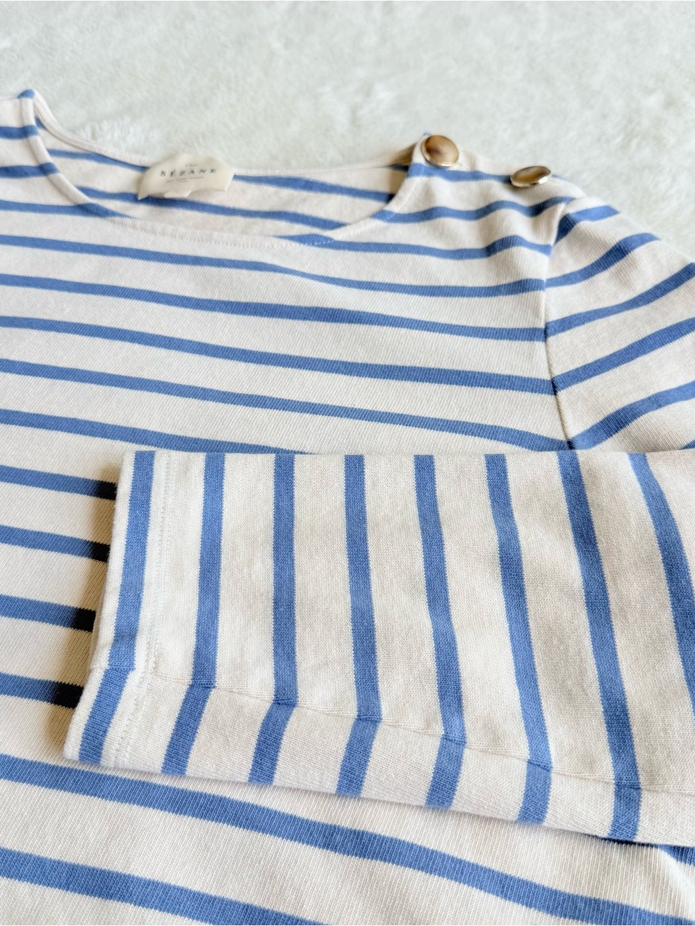 Sezane Colette Cotton Stripes Ivory Blue Crewneck Long Sleeve T-shirt L - Picture 6 of 10